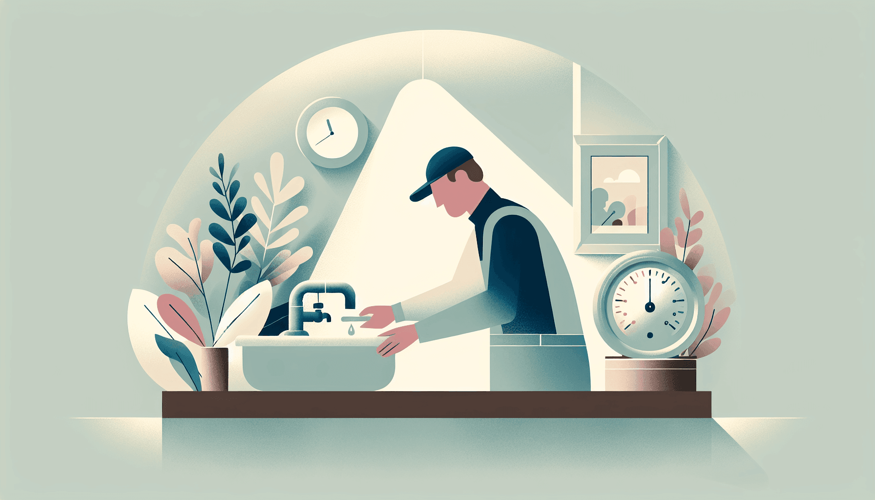 Ilustración de un propietario probando la presión de agua en un lavabo de baño