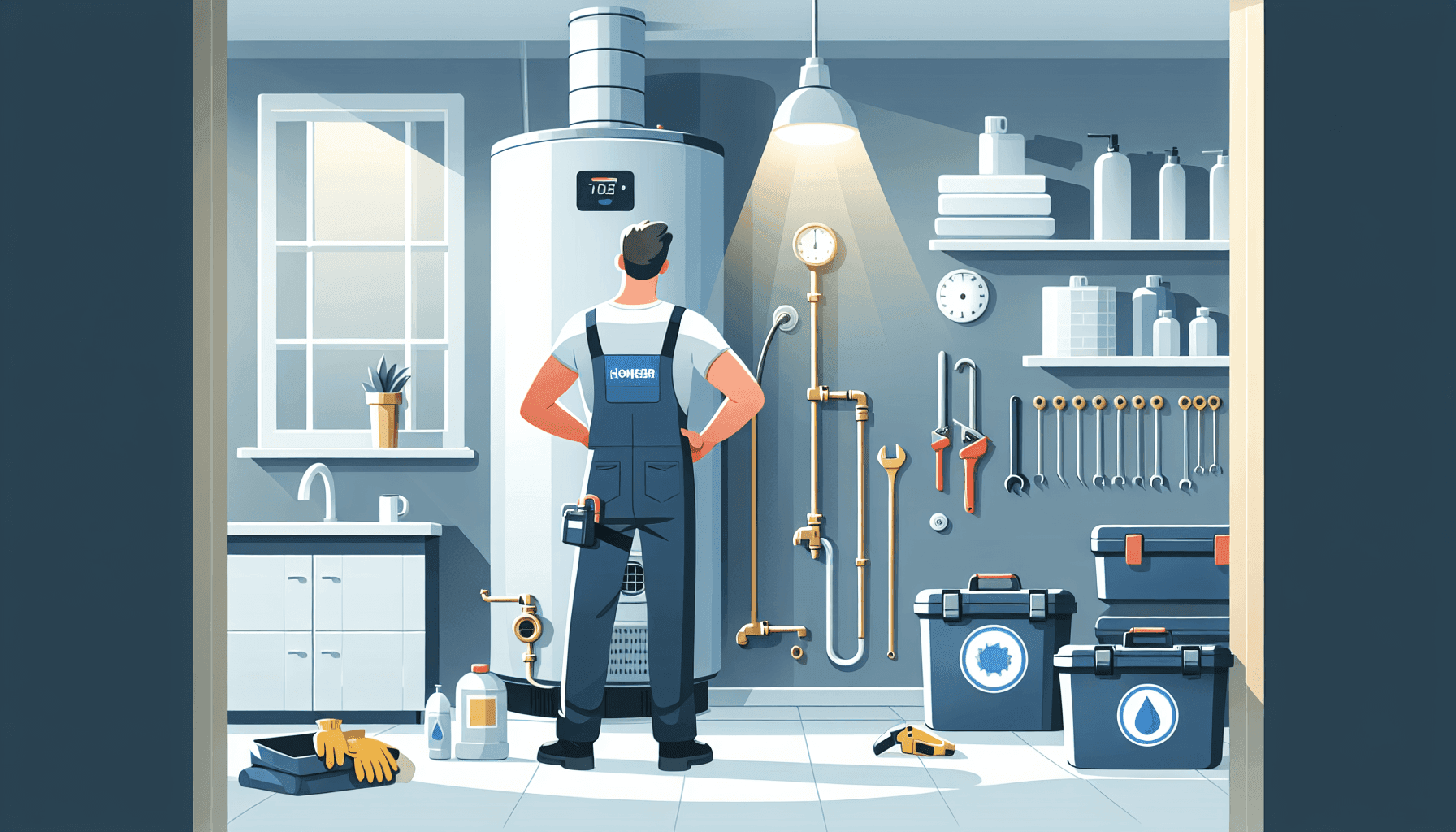 Ilustración de un plomero inspeccionando un calentador de agua en un cuarto de servicio
