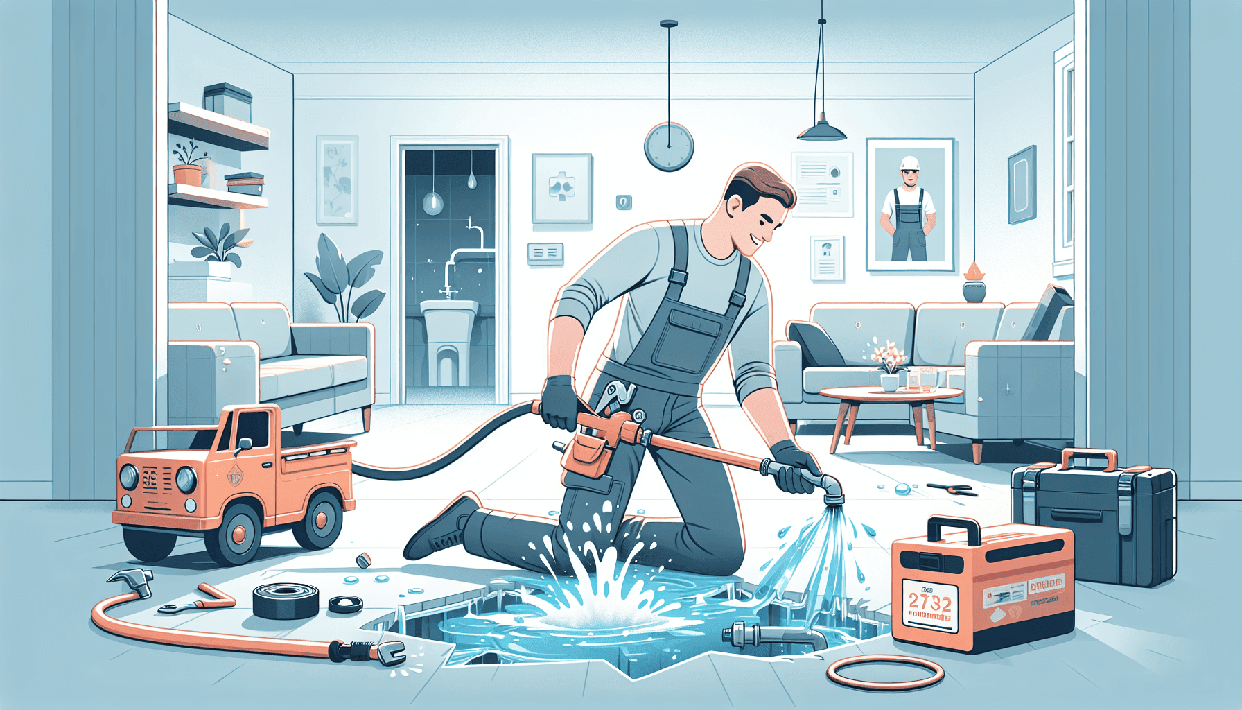 Ilustración de un plomero manejando una emergencia de tubería rota en una casa